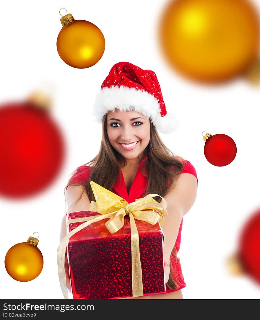 Cute girl with a xmas gift. Isolated on wite. Cute girl with a xmas gift. Isolated on wite