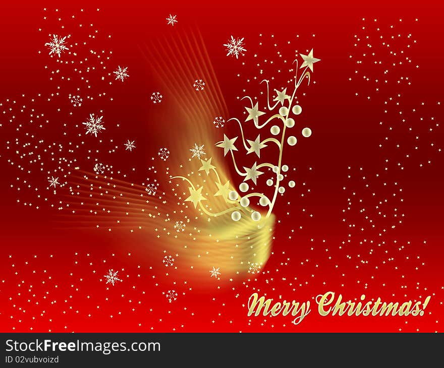 Christmas card with illustration of a golden christmas tree branch with stars as leaves, gradient red background, golden rays and snow flakes