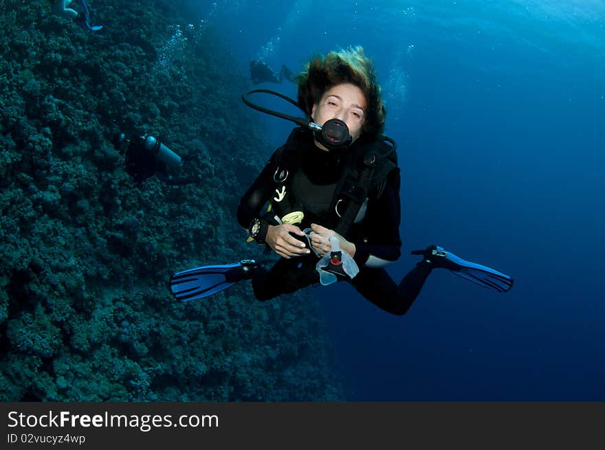 Red coral and diver