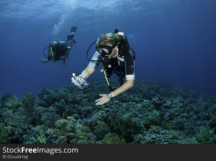 Scuba diver with camera swims in ocean. Scuba diver with camera swims in ocean