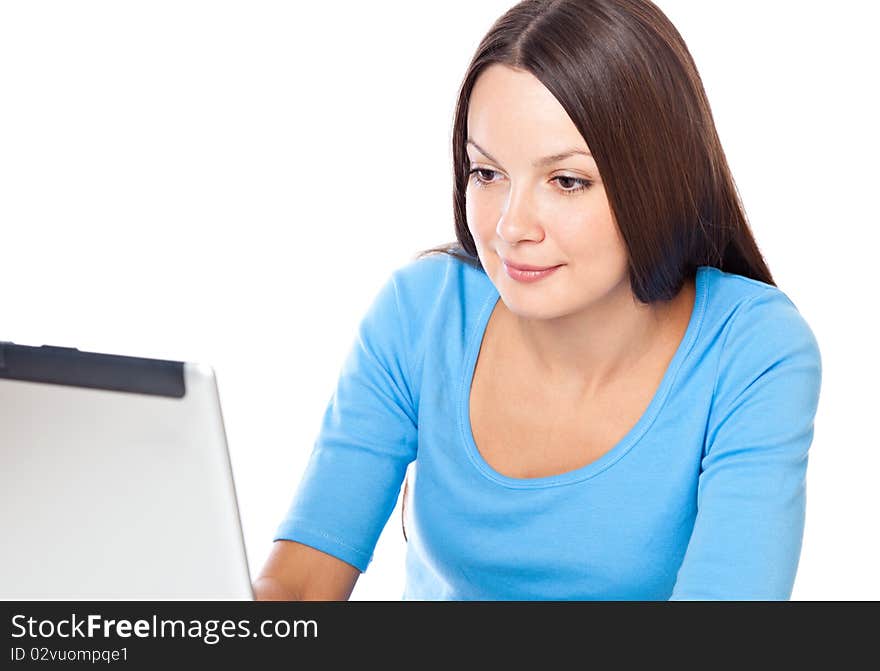 Woman with laptop. Isolated on white background