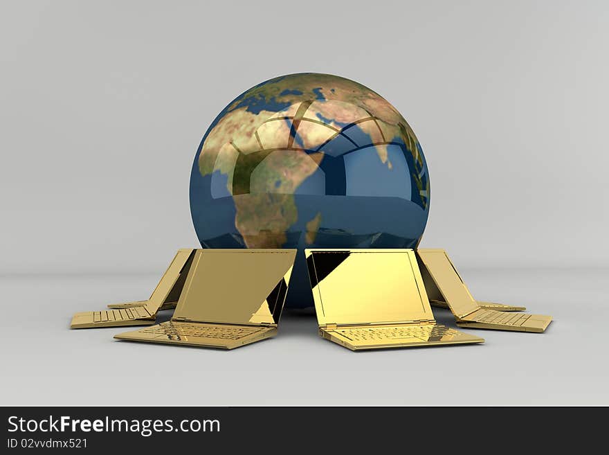 Golden notebooks with earth - Network concept