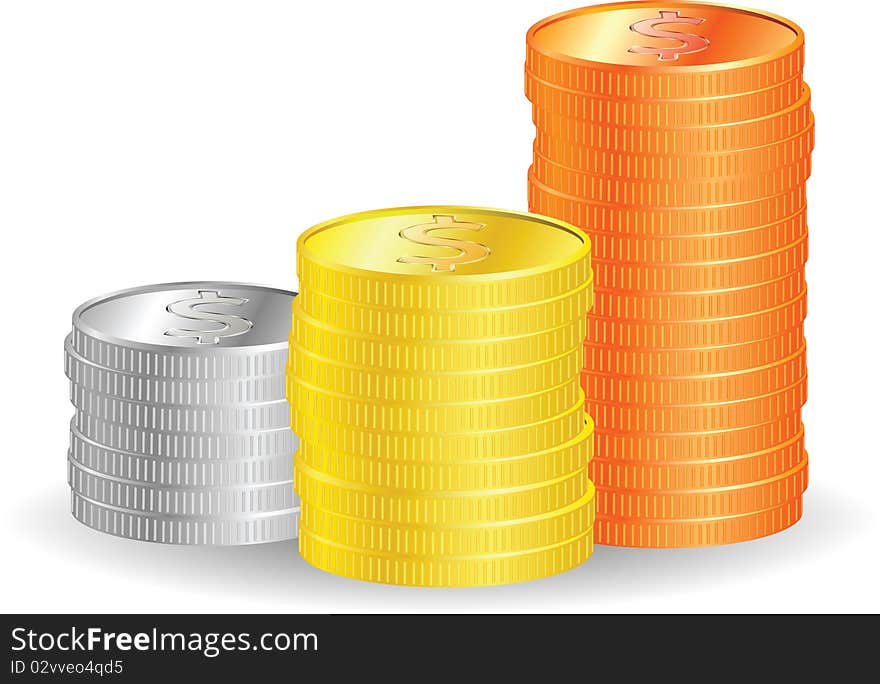 Coins with dollar symbol on white background,  illustration. Coins with dollar symbol on white background,  illustration