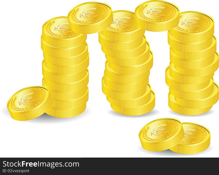 Golden coins with euro sign on white background, illustration. Golden coins with euro sign on white background, illustration