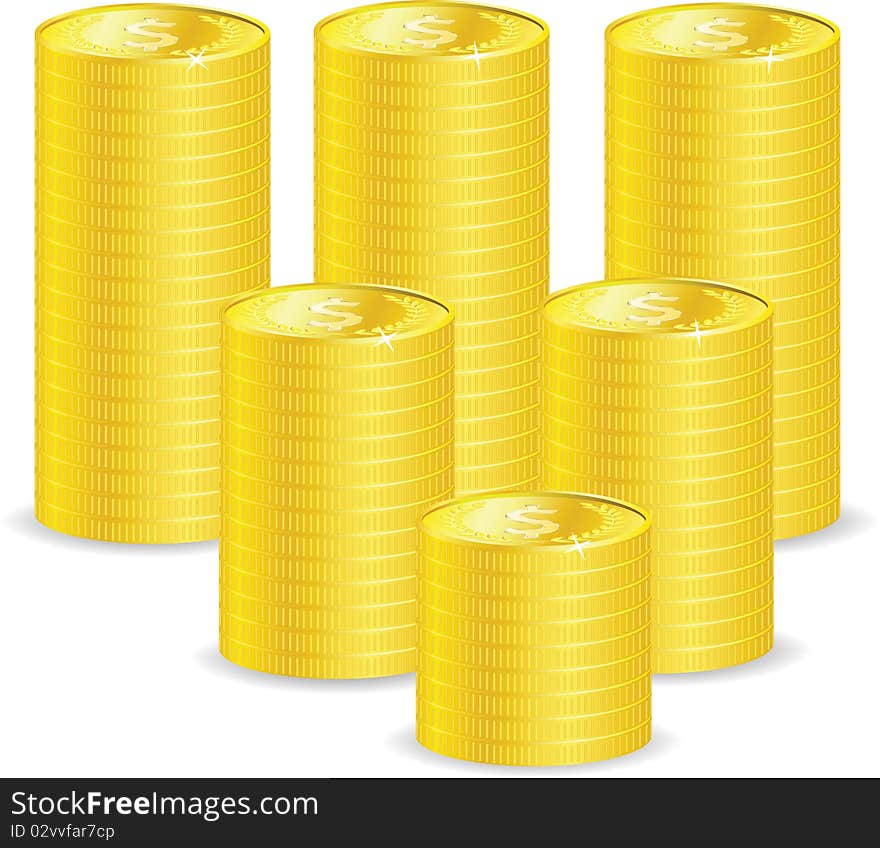 Golden coins with dollar sign on white background, illustration. Golden coins with dollar sign on white background, illustration