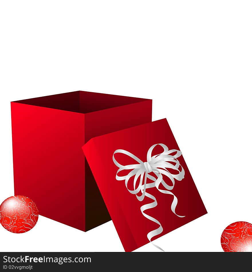 Empty gift box with baubles on white background.