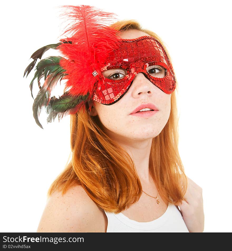 Girl in mask isolated on white