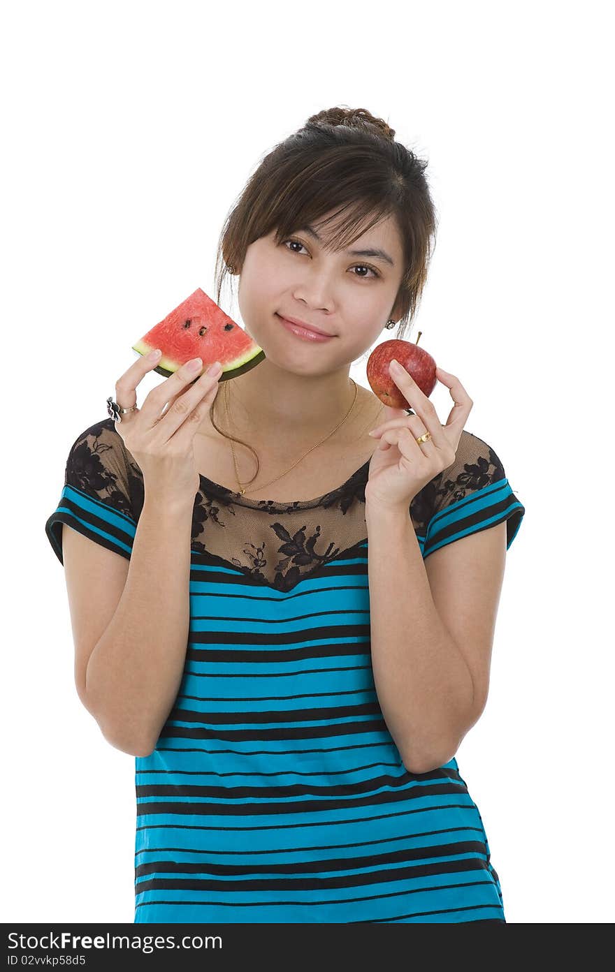 Young asian beauty with water melon and apple, isolated on white background. Young asian beauty with water melon and apple, isolated on white background