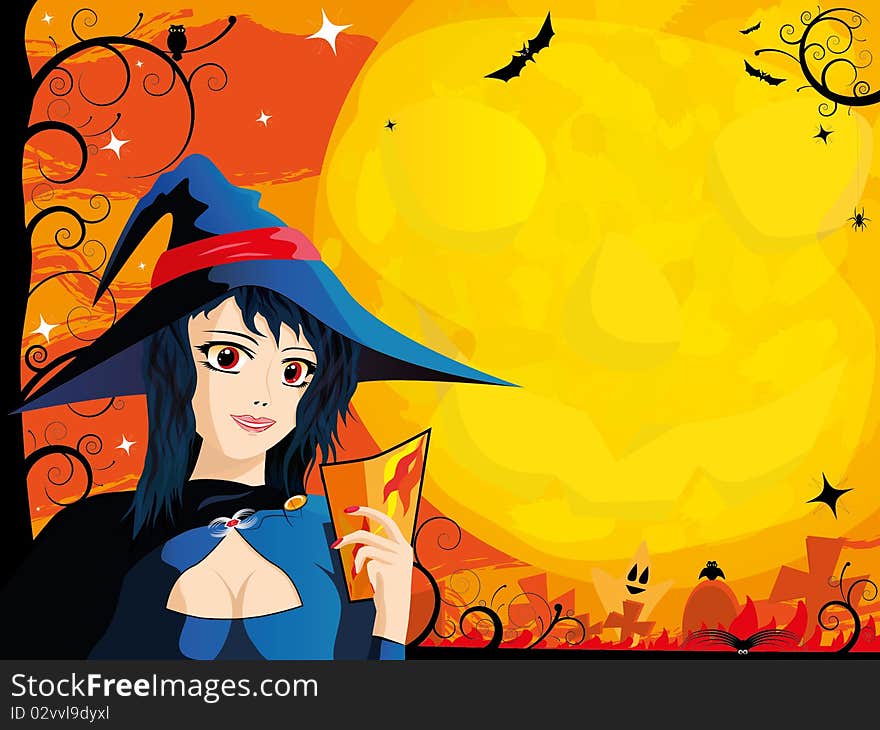 Halloween Card With Young Witch