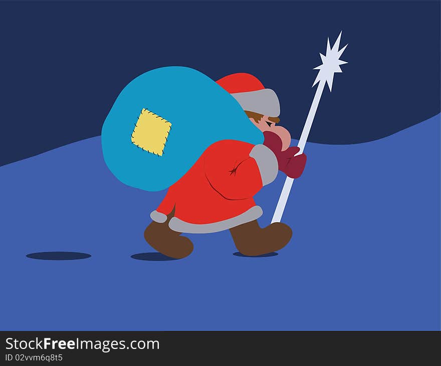 Santa walking and carrying bag with gifts. Santa walking and carrying bag with gifts