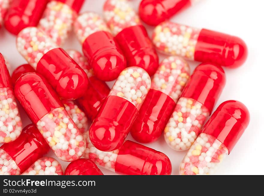 Pills closeup isolated on a white background