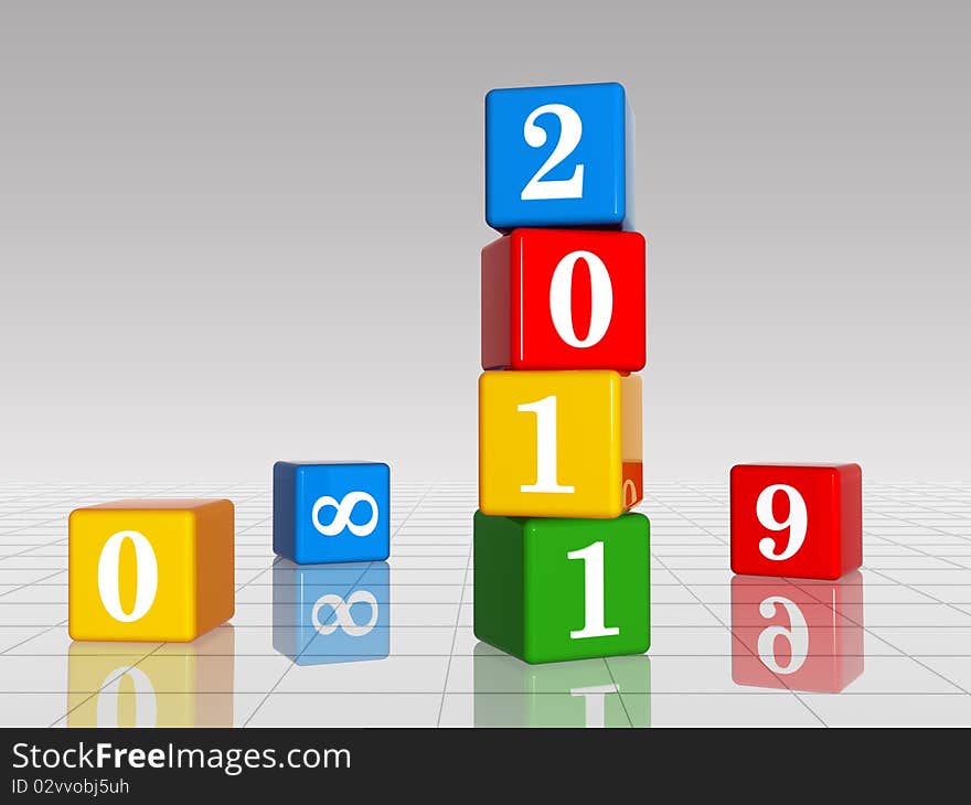 Colour cubes with 2011 with 8,9 and 0, reflection