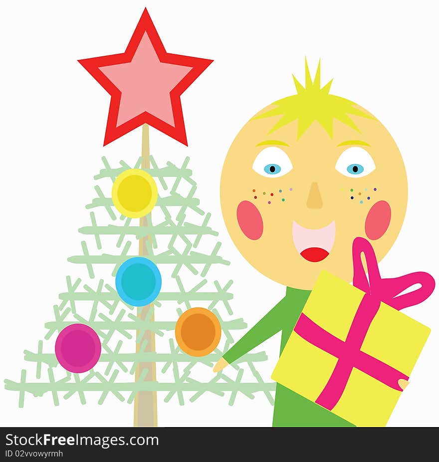 Illustration of the happy boy standing near the new year's tree with the gift in hands