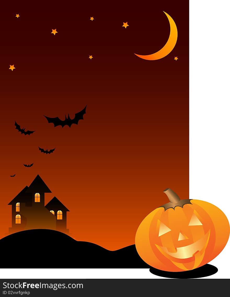 A dark and spooky house sits on top of a small hill. Ideal for card fronts. includes a pumpkin. A dark and spooky house sits on top of a small hill. Ideal for card fronts. includes a pumpkin.