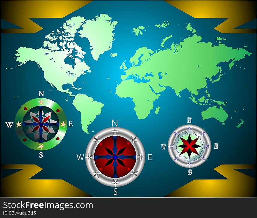 Green world map with three different compass. Green world map with three different compass