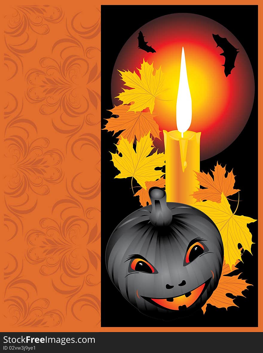 Pumpkin with candle and maple leaves. Halloween card. Illustration