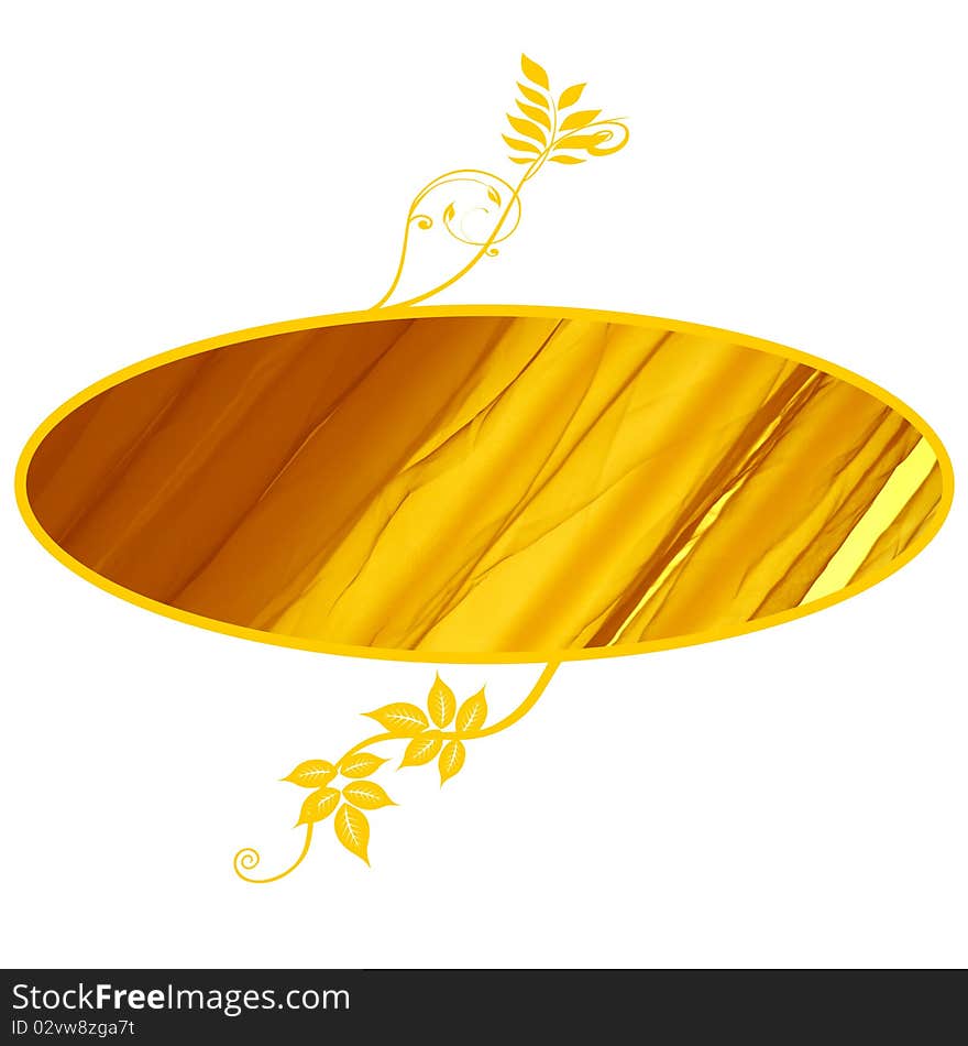 A white background with a big oval in gold silk texture and floral patterns. A white background with a big oval in gold silk texture and floral patterns