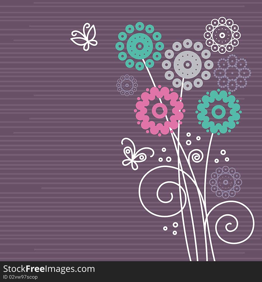 Floral background with cartoon butterflies