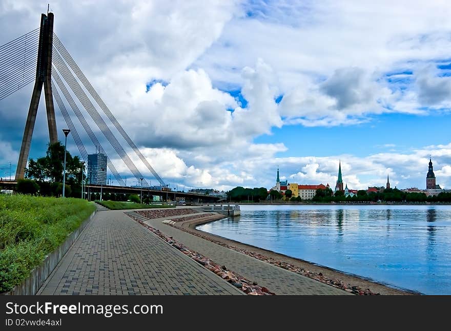 The shot was done from the left bank of the main river of the Latvian republic. The shot was done from the left bank of the main river of the Latvian republic