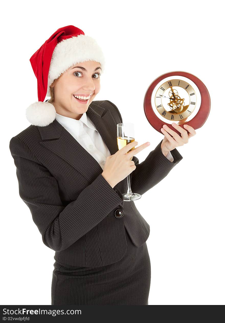 Portrait of business girl in Santa hat and with champagne