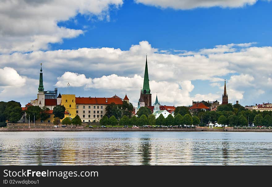 The shot was done from the left bank of the main river of the Latvian republic - Daugava. The shot was done from the left bank of the main river of the Latvian republic - Daugava