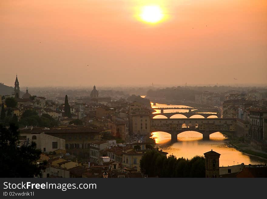 City florence with river arno by sunset