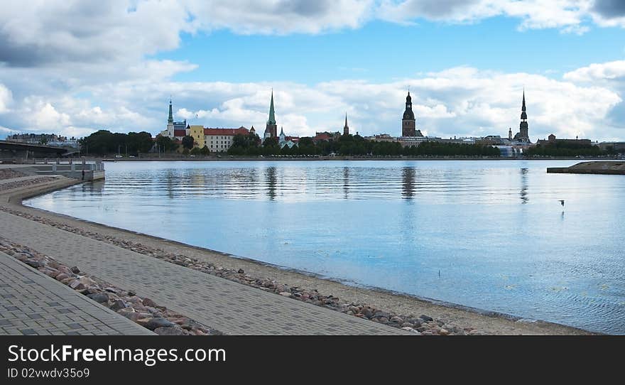 The shot was done from the left bank of the main river of the Latvian republic - Daugava. The shot was done from the left bank of the main river of the Latvian republic - Daugava