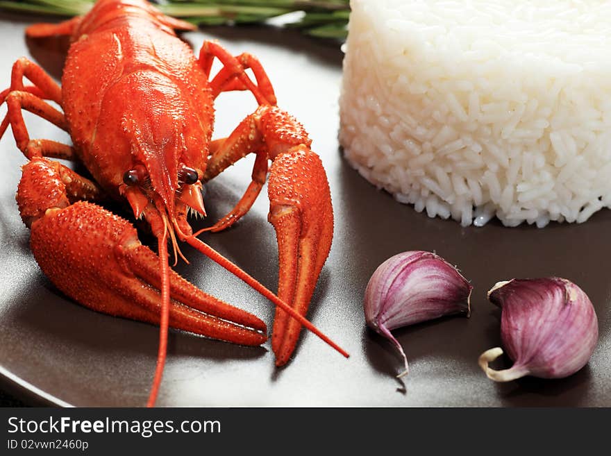 A dish with steamed white rice and boiled crawfish. A dish with steamed white rice and boiled crawfish.