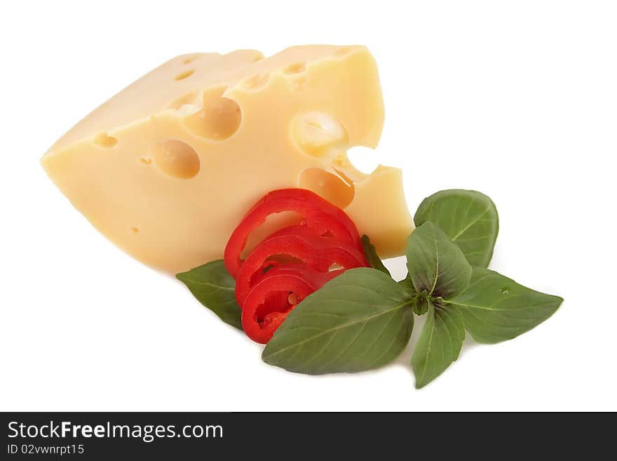 Delicious cheese, red pepper and basil on white background. Delicious cheese, red pepper and basil on white background