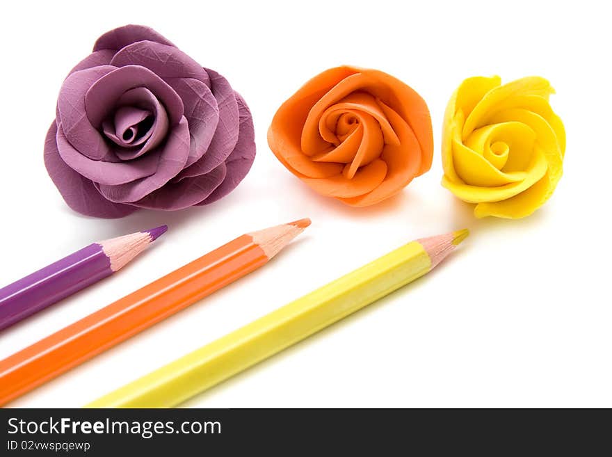 Bright decorative roses with color pencils on white background. Bright decorative roses with color pencils on white background