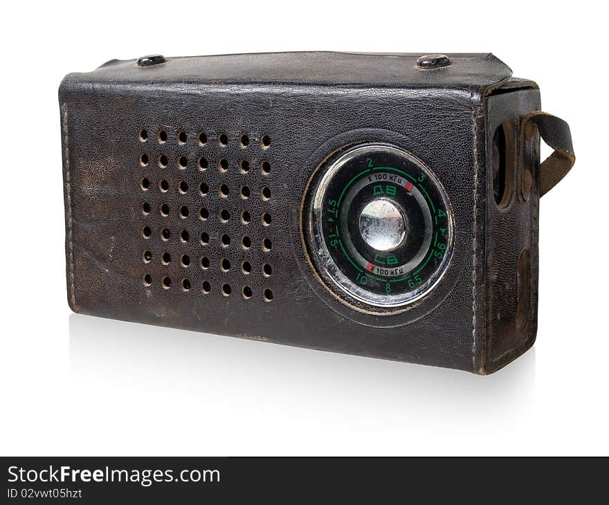 Vintage portable radio in black leather cover isolated on white background. Vintage portable radio in black leather cover isolated on white background.