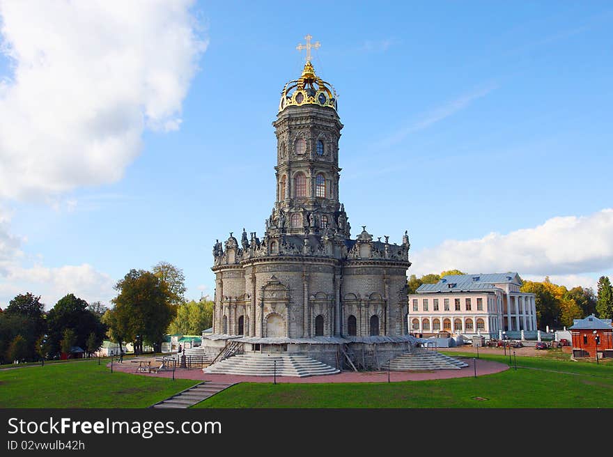 The image of orthodox cathedral and park near it