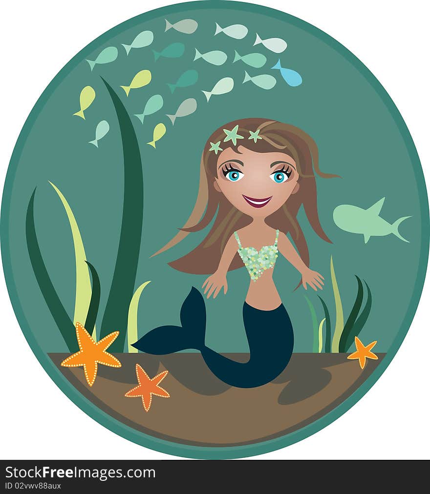 The small mermaid at the bottom of the sea - illustration