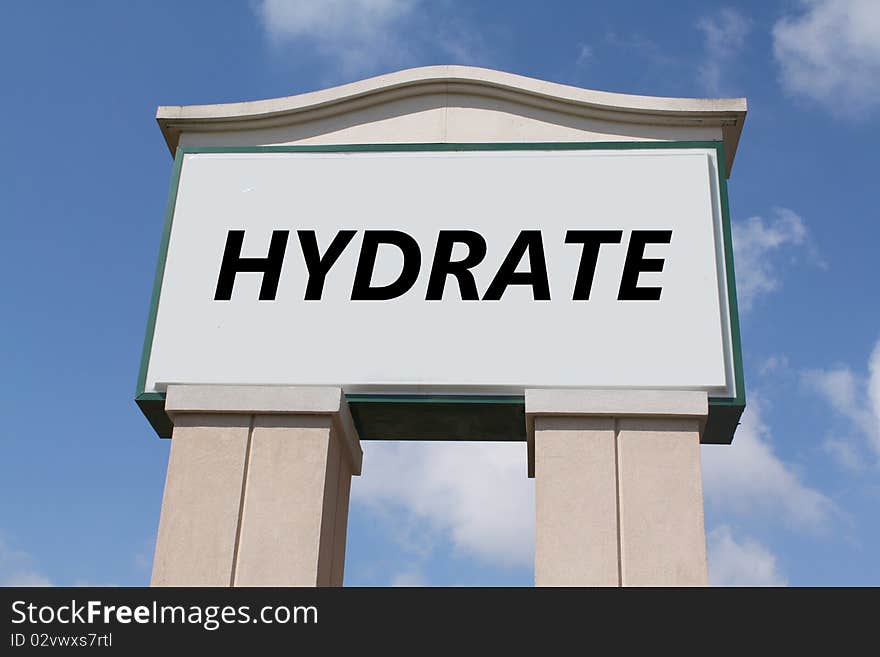 The word 'hydrate' on an elegant sign against a blue sky.