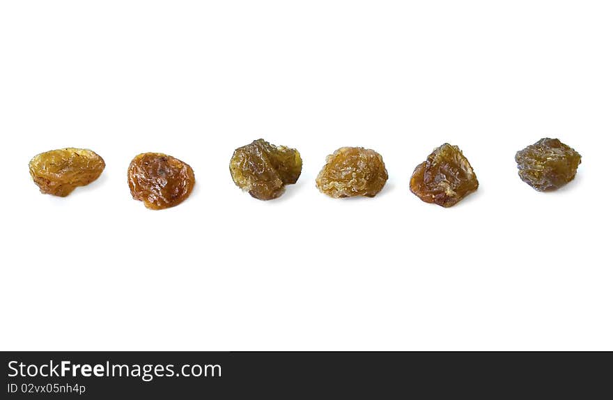 Rank of raisins isolated over white background