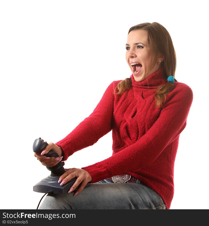 Girl play computer game with helping of a joystick. Girl play computer game with helping of a joystick