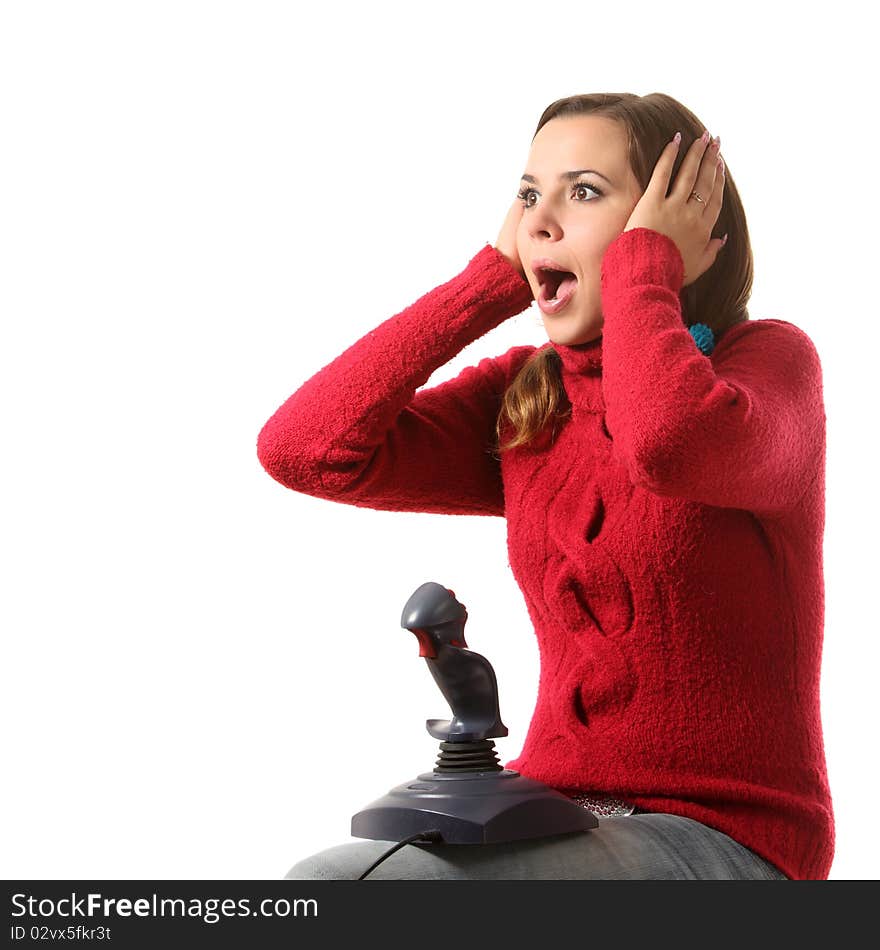 Girl play computer game with helping of a joystick. Girl play computer game with helping of a joystick