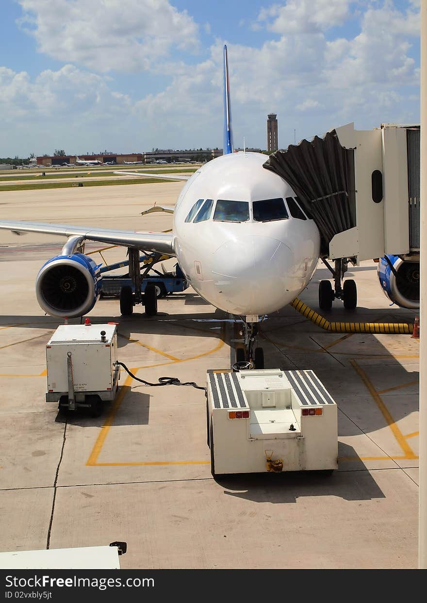 Airliner parked ready for boarding. Airliner parked ready for boarding