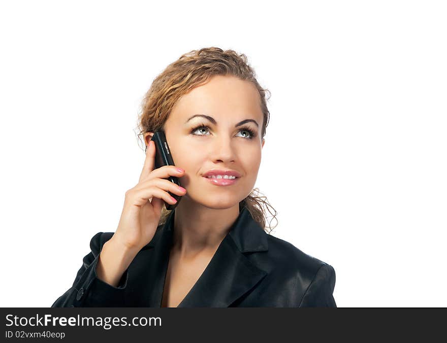 Young woman on phone. White background