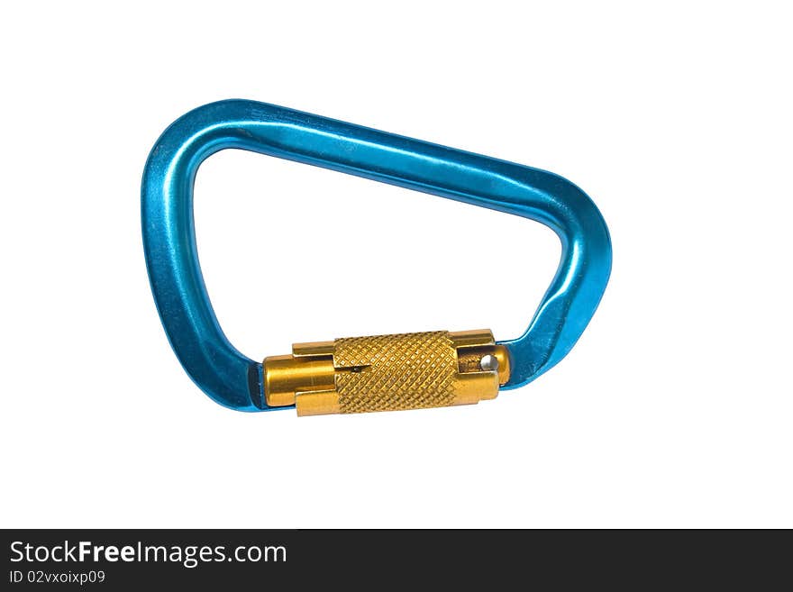 Close-up of a blue carabiner isolated over white