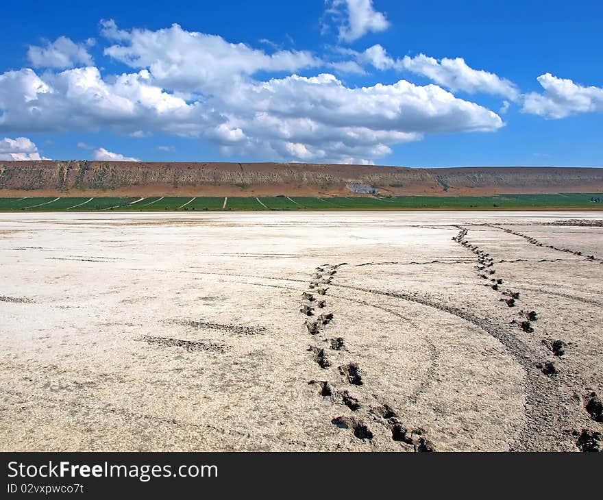 Footprints on the salt lake. Koktebel. Ukraine