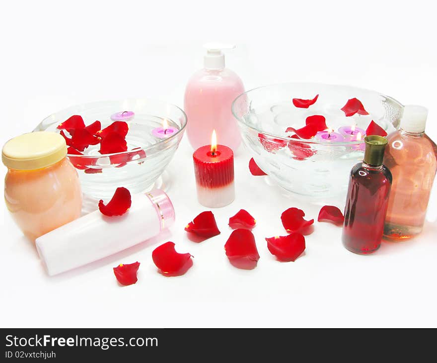 Spa hair mask creme liquid soap candles essences and red rose. Spa hair mask creme liquid soap candles essences and red rose