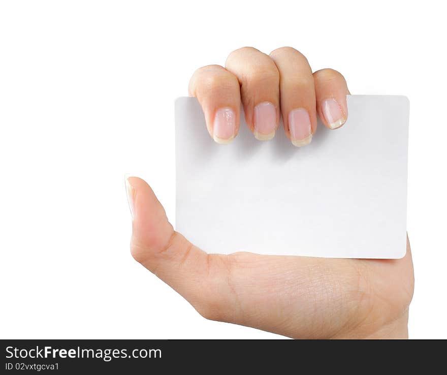 Gesture of a beautiful woman's hand showing a white card. Gesture of a beautiful woman's hand showing a white card