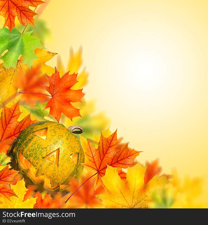 Halloween pumpkin with autumn leaves