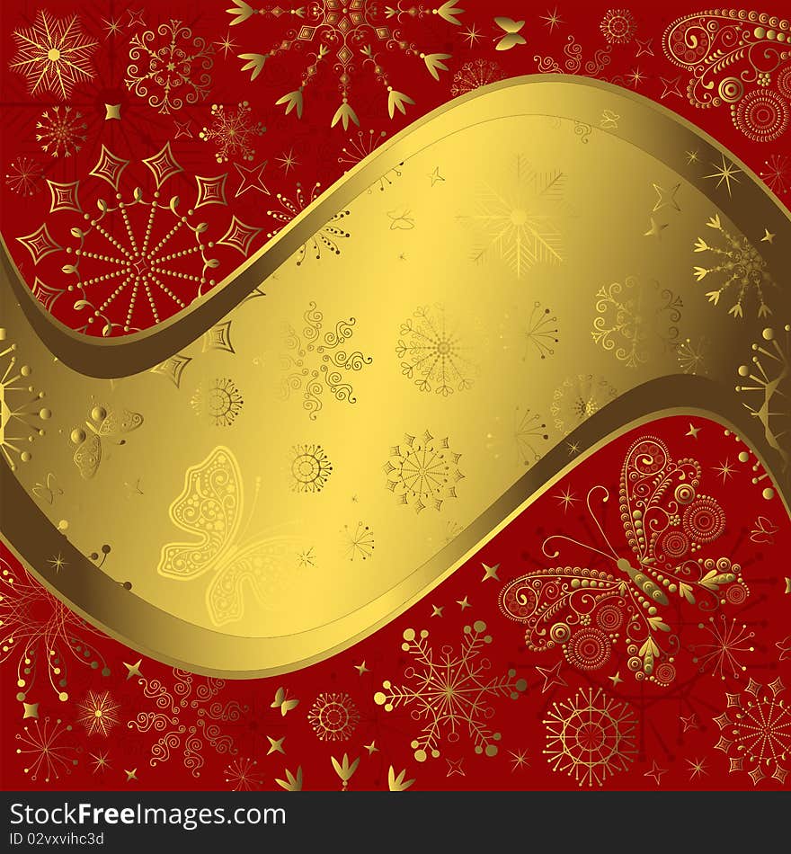 Red and golden christmas frame with snowflakes and stars