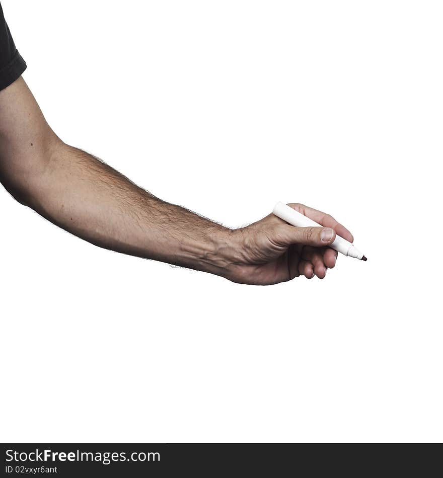 Hand holding a pencil of writing of red color on a white set