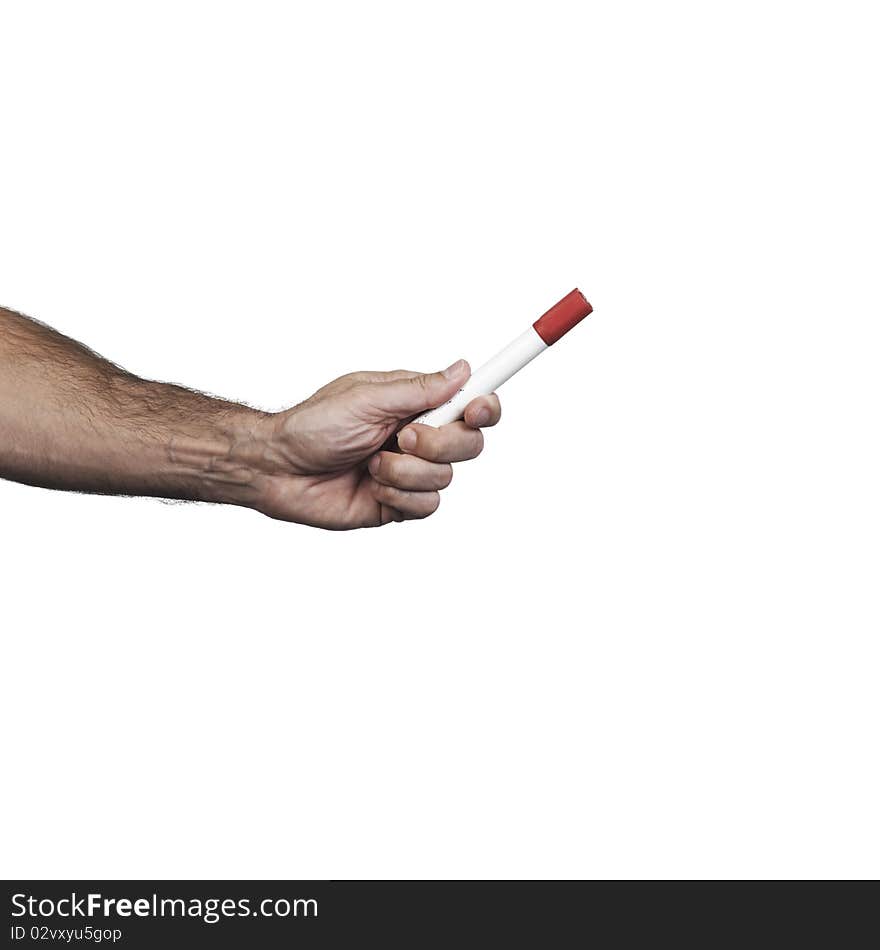 Hand holding a pencil of writing of red color on a white set