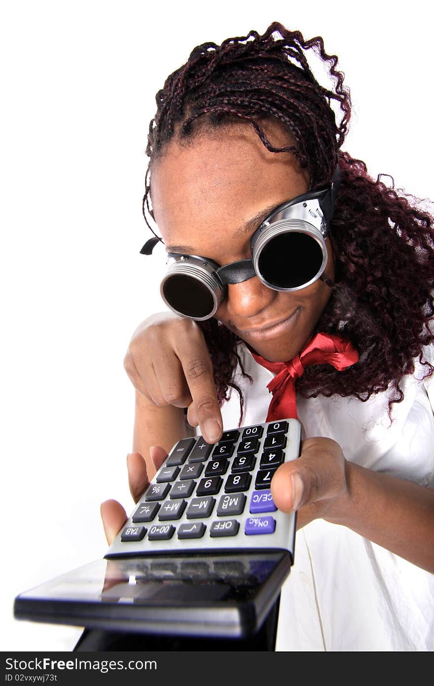 Afro american with calculator isolated on white