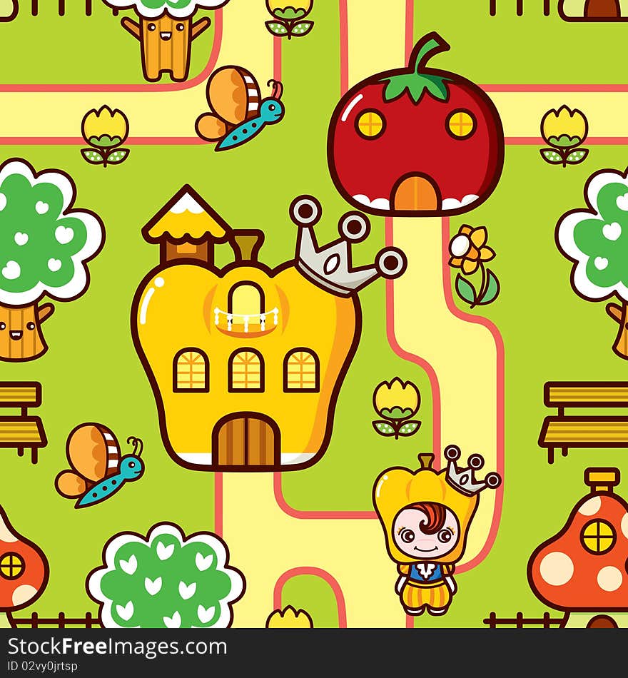 Illustration of vegetables kingdom in cartoon style, this is a seamless pattern, easy to repeat as wallpaper. Illustration of vegetables kingdom in cartoon style, this is a seamless pattern, easy to repeat as wallpaper.