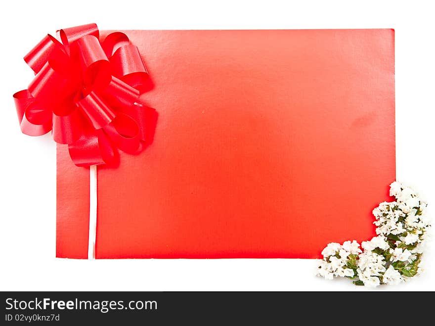 Red card with bow on white with flowers design. Red card with bow on white with flowers design